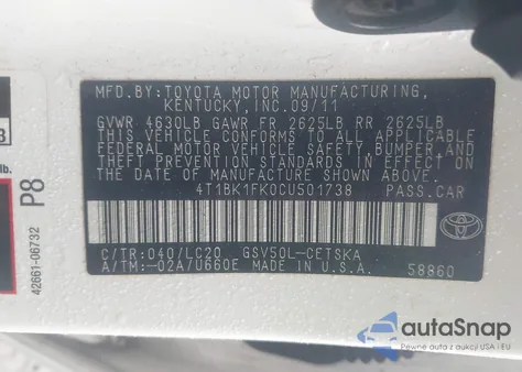 2012 Toyota Camry Se V6 из США, поврежденный, VIN 4T1BK1FK0CU501738